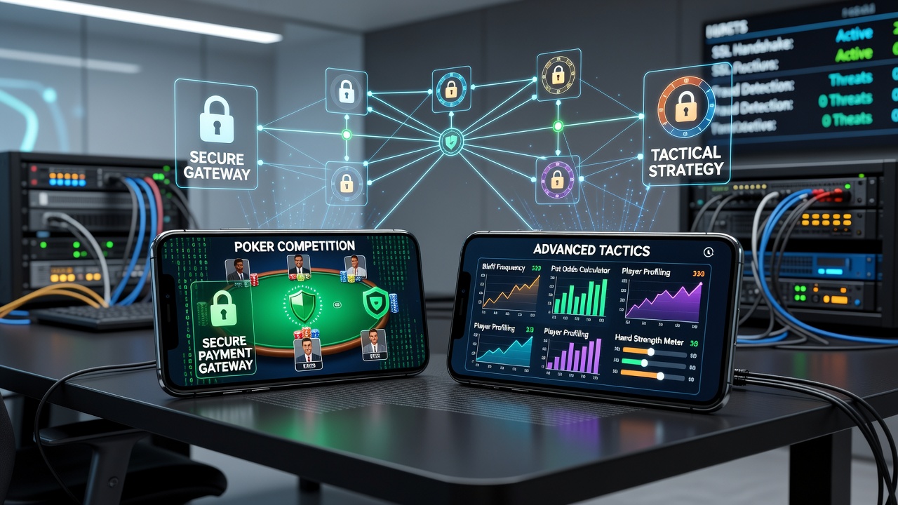 Smartphone-Poker-Session mit integrierten Zahlungsoptionen und taktischen Overlays